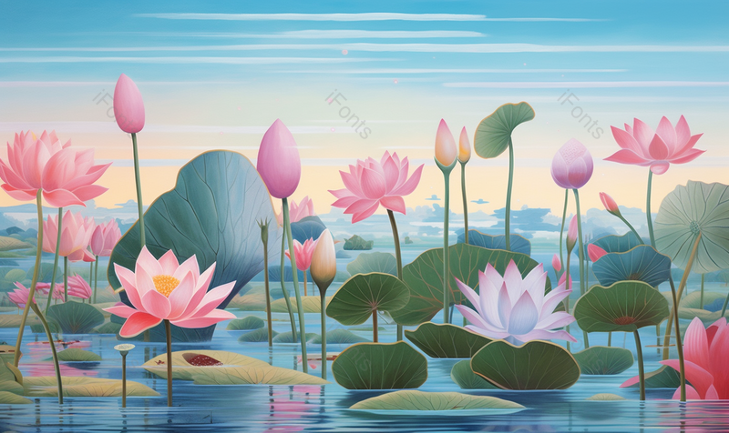 中国风古典绿色的荷叶和盛开的荷花背景,插画/手绘图,插画/手绘图库,插画/手绘图下载,插画/手绘